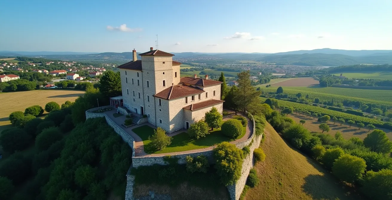 Photographie aérienne réaliste montrant un mas provençal entouré de sentiers, vignobles et petits villages sous un ciel clair