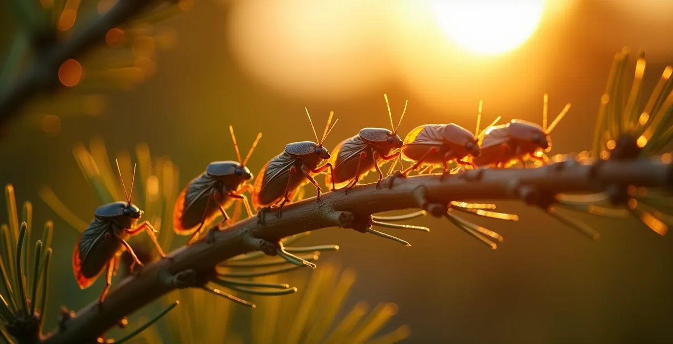 Photographie réaliste d'un détail de la nature provençale montrant des cigales sur les pins avec une lumière douce du soleil couchant