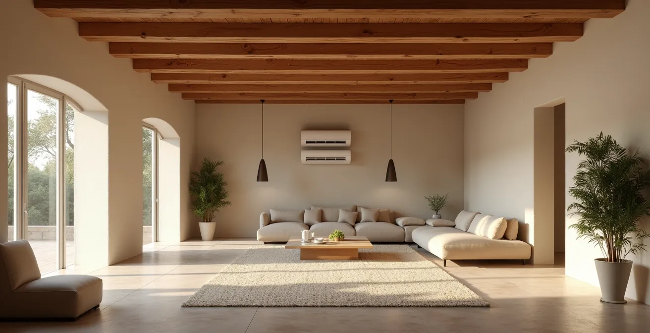 Photographie réaliste montrant un intérieur de mas rénové mêlant poutres en bois apparentes et équipements modernes élégants
