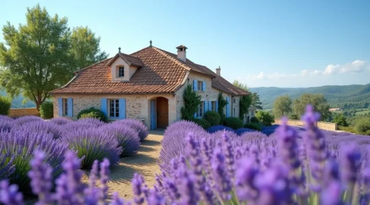 Photographie réaliste d'un mas provençal traditionnel en Provence avec son mur de pierre et son toit en tuiles, entouré de champs de lavande sous un ciel azur éclatant
