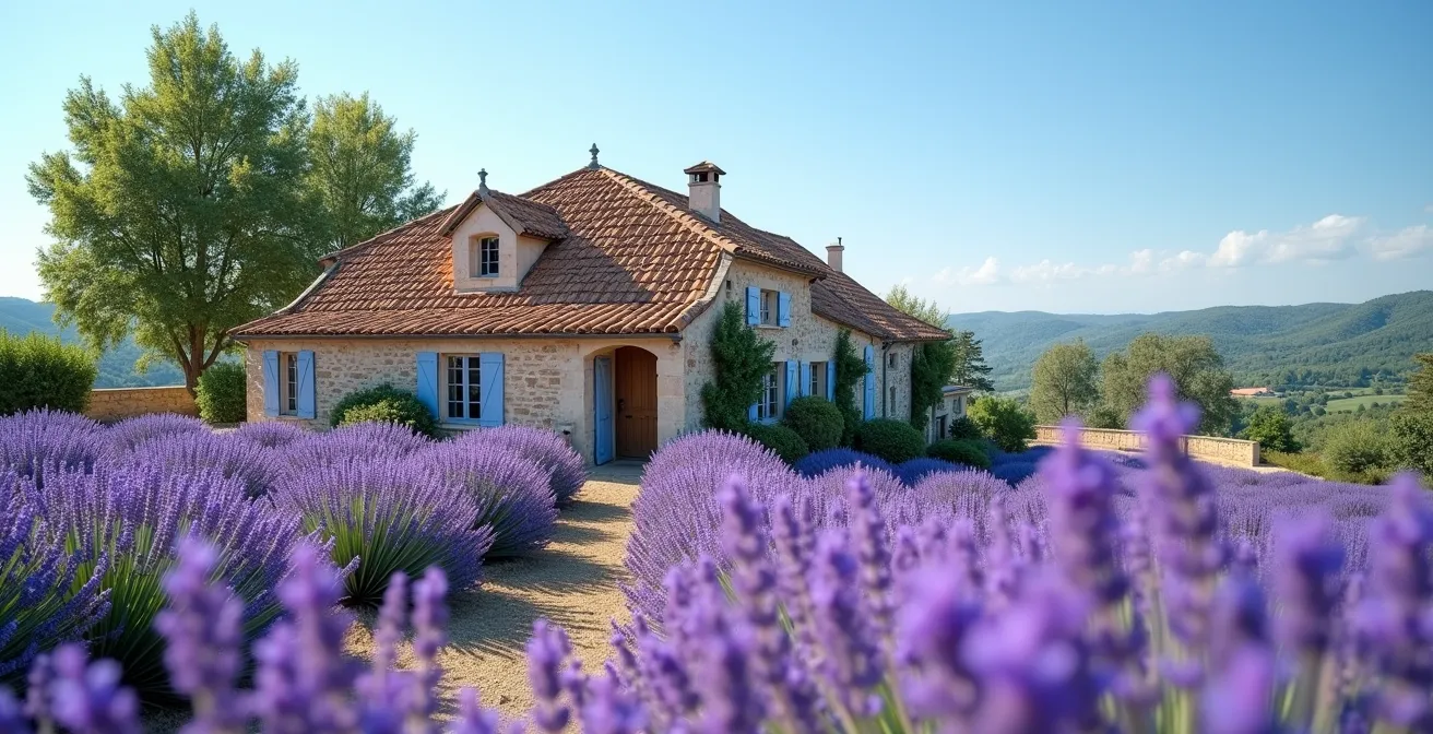 Photographie réaliste d'un mas provençal traditionnel en Provence avec son mur de pierre et son toit en tuiles, entouré de champs de lavande sous un ciel azur éclatant